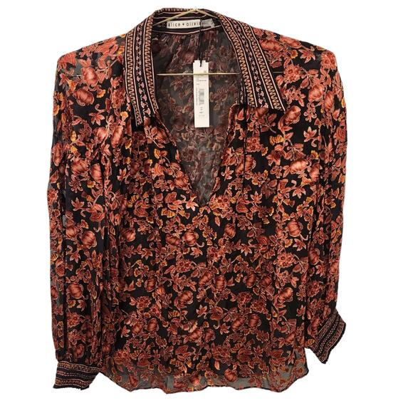 Alice + Olivia Desiree Orange Floral Print silk-blend Blouse size medium - Picture 3 of 5
